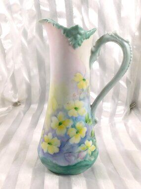Purple and Green Unmarked Pitcher with Yellow Flowers # 26987